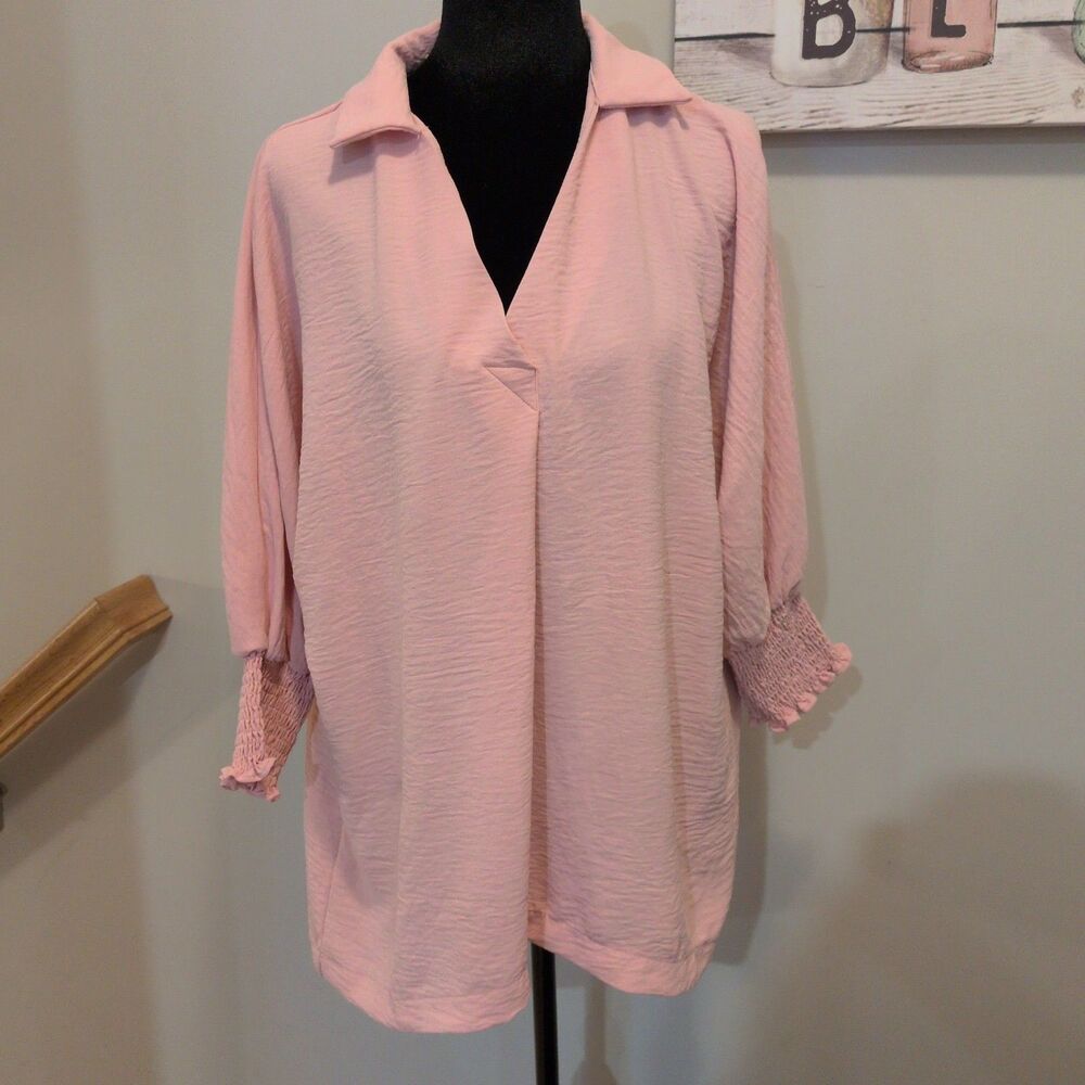 Dokotoo Womens Oversized V Neck Blouse 3/4 Sleeve Smocked Cuff Tunic Pink Medium